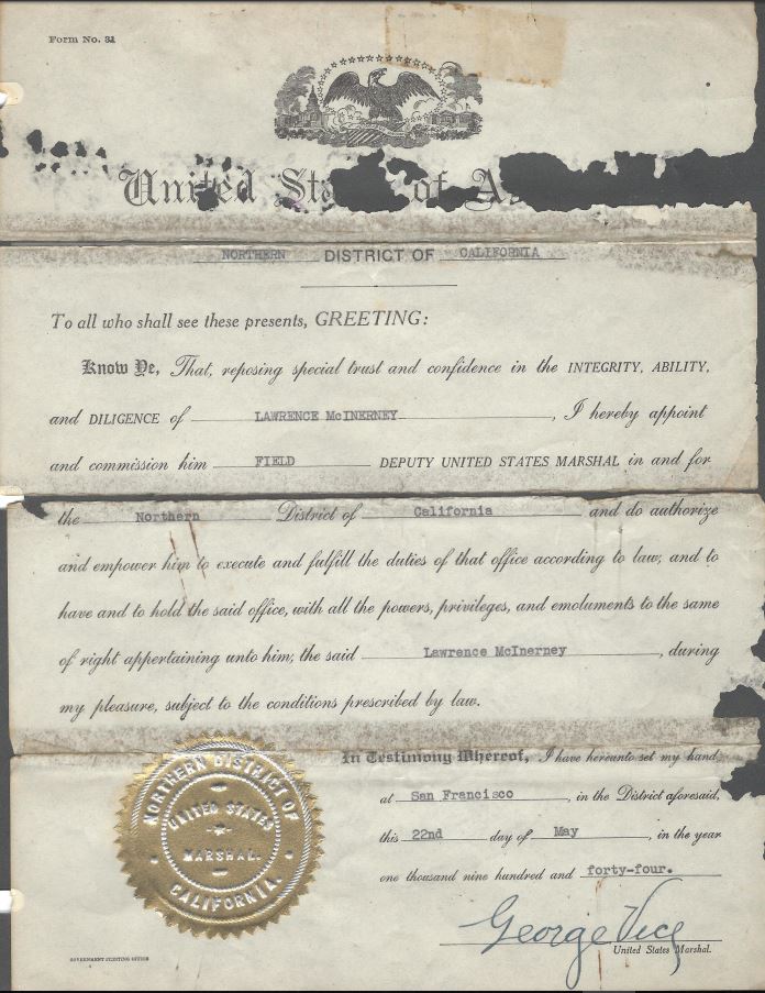 Appointment certificate for the position of Field Deputy United States Marshal for the Northern District of California dated May 22, 1944 and signed by U.S. Marshal George Vice.