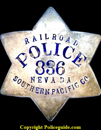Southern Pacific Co. Railroad Police Nevada star No. 836.  Made by Irvine & Jachens 1027 Market St. S.F. and dated 5-21-21, sterling silver with hard fired blue enamel.  