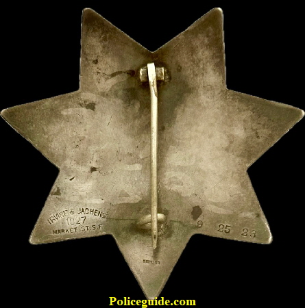 San Francisco Police Detective Sergeant Star No. 689 with hard fired blue enamel, 14k gold numbers and nicely hand engraved.  Made by Irvine & Jachens 1027 Market St. S.F. in Sterling silver and dated 9-25-23.