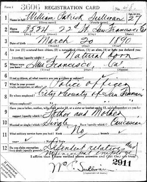 WWI draft Wm Patrick Sullivan WWI draft Wm Patrick Sullivan