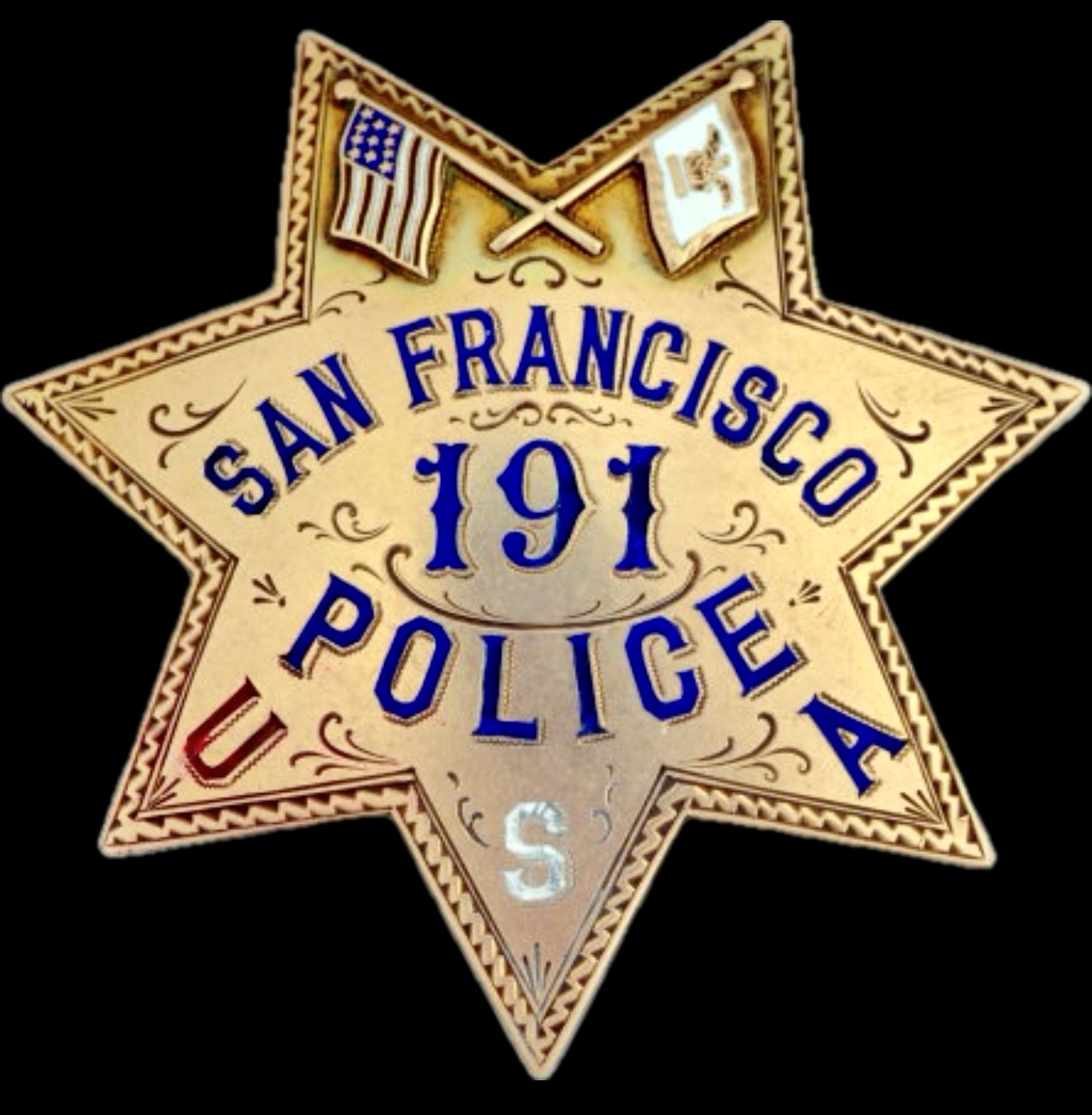 14k gold San Francisco Police Star No. 191, presented to Richard Smith by Members of Co. B. S.F.P.D. July 1, 1917. 14k gold San Francisco Police Star No. 191, presented to Richard Smith by Members of Co. B. S.F.P.D. July 1, 1917.