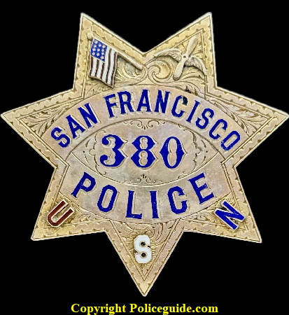 San Francisco Police Presentation Star #380 with applied U.S.A. flag to left, Wings and Propellar to right, and U S N in the bottom points. ( U. S. Navy.)