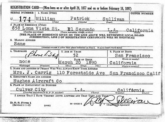 WWII Draft Wm P. Sullivan