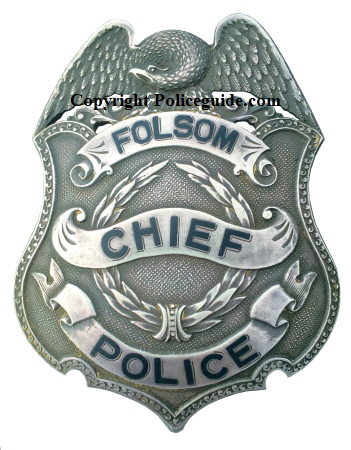 This was the 2nd Folsom Police Chief badge, circa 1950.  Made by Irvine & Jachens 1068 MIssion St. S.F.