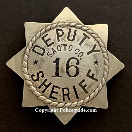 Sacramento Deputy Sheriff badge, nickel 8 point star. circa 1890.  According to the Sacramento Sheriff�s office it is their 1st department issued badge.  Before 1890 officers had to purchase their own badge.
