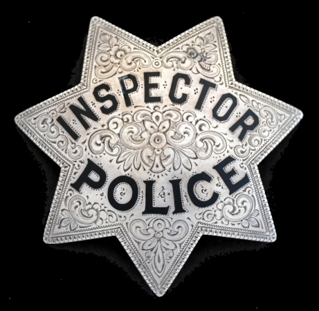 A very rare Sacramento Police Inspector badge, sterling silver, hand engraved, circa 1925.