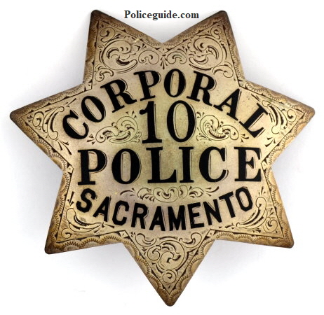 Engraved Sacramento Corporal #10 Police, sterling silver badge.  Circa 9-27-22.  Issued to Lee Parker.