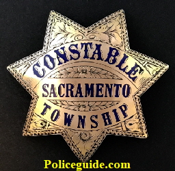 Sacramento County Constable badge presented to Mike Morairity.  Badge is gold front and beautifully hand engraved.