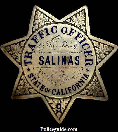 Salinas Traffic Officer State of California, made of sterling with hard fired blue enamel.  Hallmarked Irvine & Jachens 1068 Mission St. S.F.
