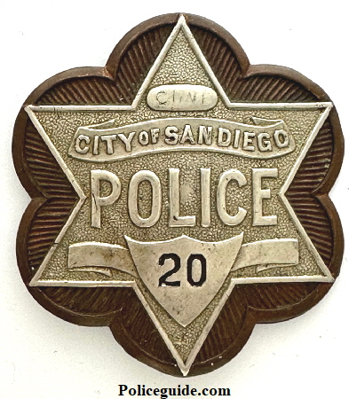 San Diego Police Department badge #20, in use from 1917-20 and worn by Officeer Cline.