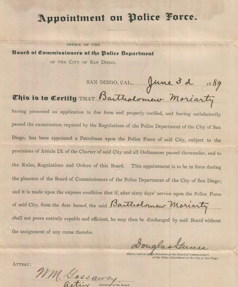 June 3,1889 Moriarty Appointment Certificate.