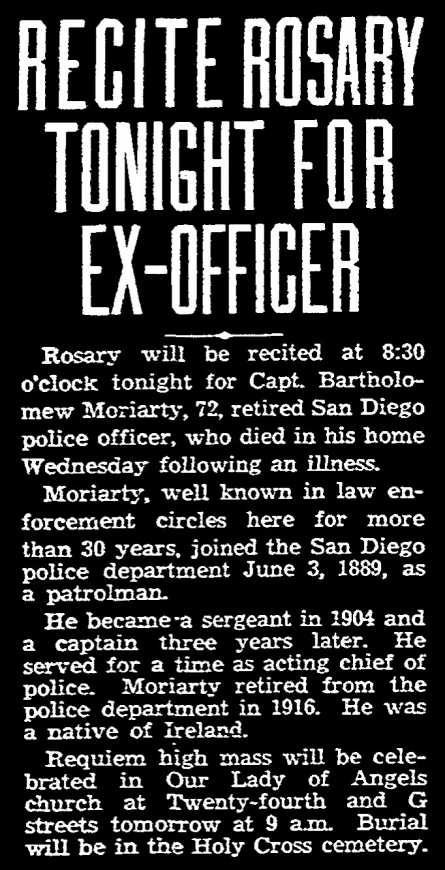 1933 Obituary for Bartholomew Moriarty.