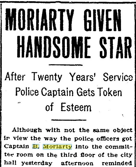 Moriarty Given Star headline on Jan. 18, 1908 San Diego Tribune article.