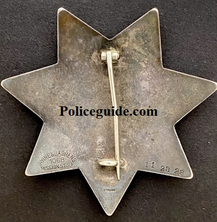 Reverse of Henry Gaylords SFPD badge A154.  Hallmarked Irvine Jachens 1068 Mission St. S.F., stamped sterling and dated 11-28-28.