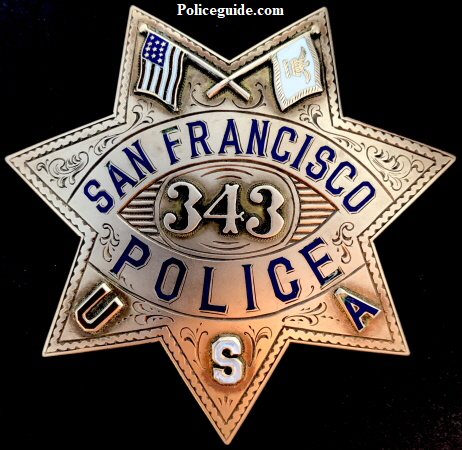 14k gold San Francisco Police presentation badge #343: Presented to Franklin K. Lane / By Fellow Members of Co. A. S.F.P.D. / July 1, 1919. 