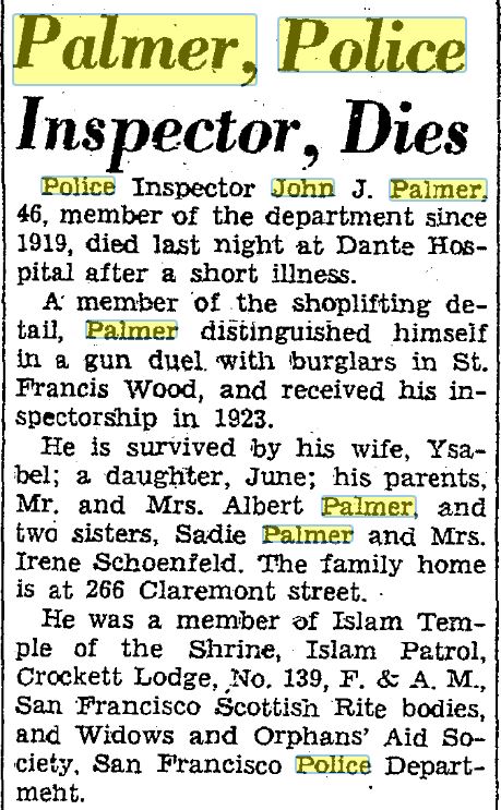 San Francisco Chronicle August 13, 1938 Palmer Obit