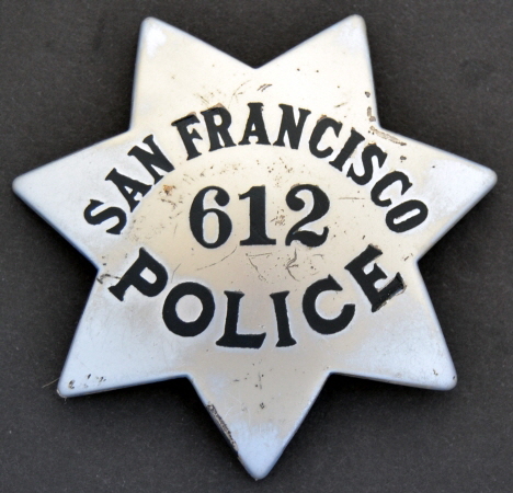 San Francisco Police star  No. 612, Made in sterling silver by Irvine & Jachens Market St. S.F. and dated 9-1-21.  Issued to John Bacigalupi who was appointed 8.8.1921.