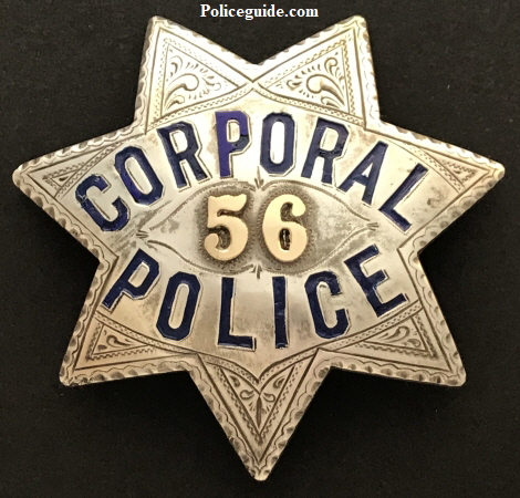 San Francisco Police Corporal badge #56, made by Irvine W. & Jachens 2129 Market St. S. F.  Stamped sterling and dated 1-16-09.  