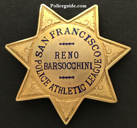 Presentation badge of Reno Barsocchini from the San Francisco Police Athletic League.  Made by Irvine & Jachens and stamped Gold Filled.