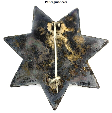 San Francisco Police star #A65 which indicates it was issued as a retirement star.  Hallmarked Irvine & Jachens 1027 Market St. S.F. and dated 4-16-18.  This badge came with Sergeant 11.