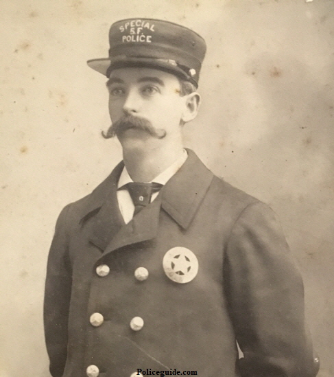 This nickel badge was made by J.C. Irvine San Francisco circa 1886 and is similar to the one this officer, a S.F.P.D. Special named George F. Nichols is wearing.  He was shot on August 23, 1900 while investigating a burglary in progress. Nichols died of his wounds on the morning of August 24, 1900.  PHOTO OF NICHOLS THAT APPEARS IN THE SAN FRANCISCO CALL  SATURDAY AUGUST 25,1900.