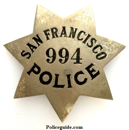 SFPD badge 994 issued to Walter J. Martin who was appointed June 1, 1922.