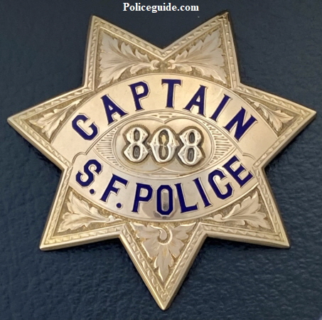 San Francisco Police Captain star #808, issued to Danield J. O’Brien on 2-18-24, hallmarked Irvine & Jachens S.F. 14k