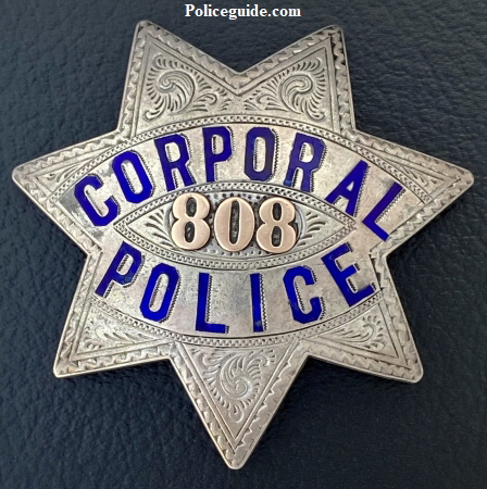San Francisco Police Corporal star #808, issued to Danield J. O’Brien on 10-19-07, hallmarked Irvine & Jachens  2129 Market St. S.F. Coin Silver.