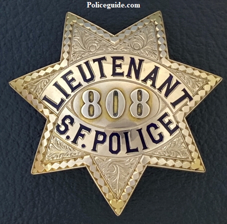 San Francisco Police Lieutenant star #808, issued to Danield J. O’Brien on 9-12-16, hallmarked Irvine & Jachens S.F. 14k