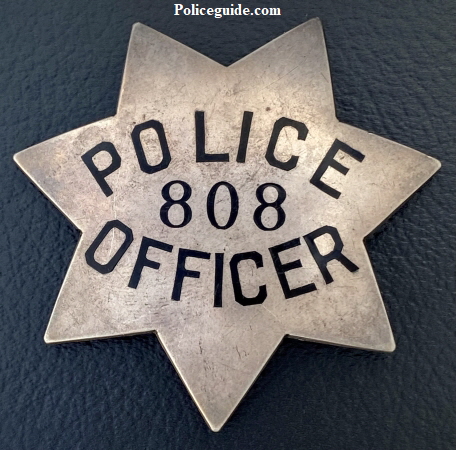 San Francisco Police star #808, issued to Danield J. O達rien on 12-29-08, hallmarked Irvine W. & Jachens S.F. Sterling.