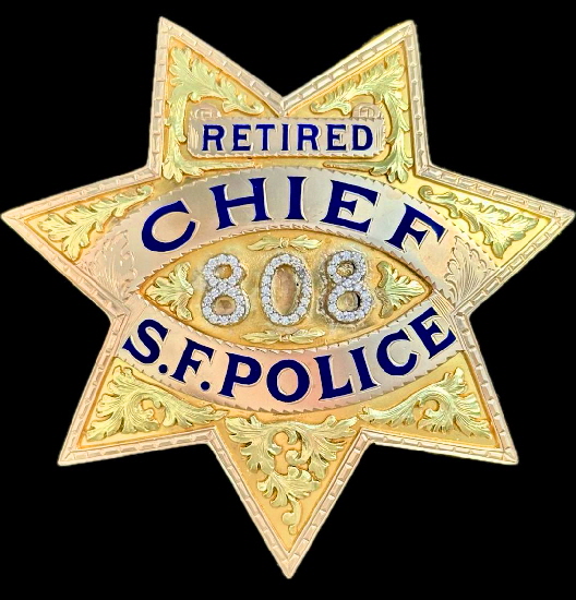 14k gold Retired Chief of Police badge #808, presented to Daniel J. OBrien from his son.  Made by Irvine & Jachens S. F.