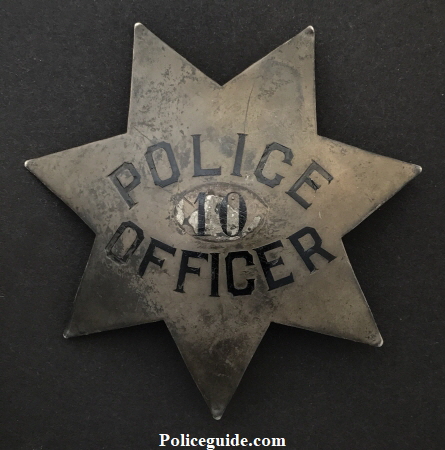 2nd issue San Jose Police badge.This huge pie plate style badge is sterling silver and at one time had a disc with a different number affixed over the original number 10.