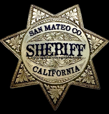 San Mateo Co. Sheriff California badge, made of sterling silver with hard fired blue enamel.  A fine example of the Engravers Art..  Made by Irvine & Jachens S.F.  Circa 1955.