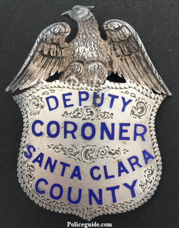 Santa Clara County Deputy Coroner badge, sterling silver, hand engraved, 