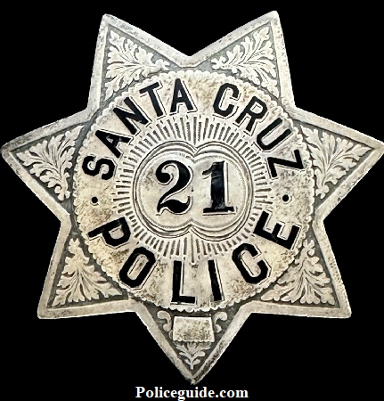 Sterling silver Santa Cruz Police badge No. 21, made by Ed Jones & Co. Oakland, CAL STERLING.
