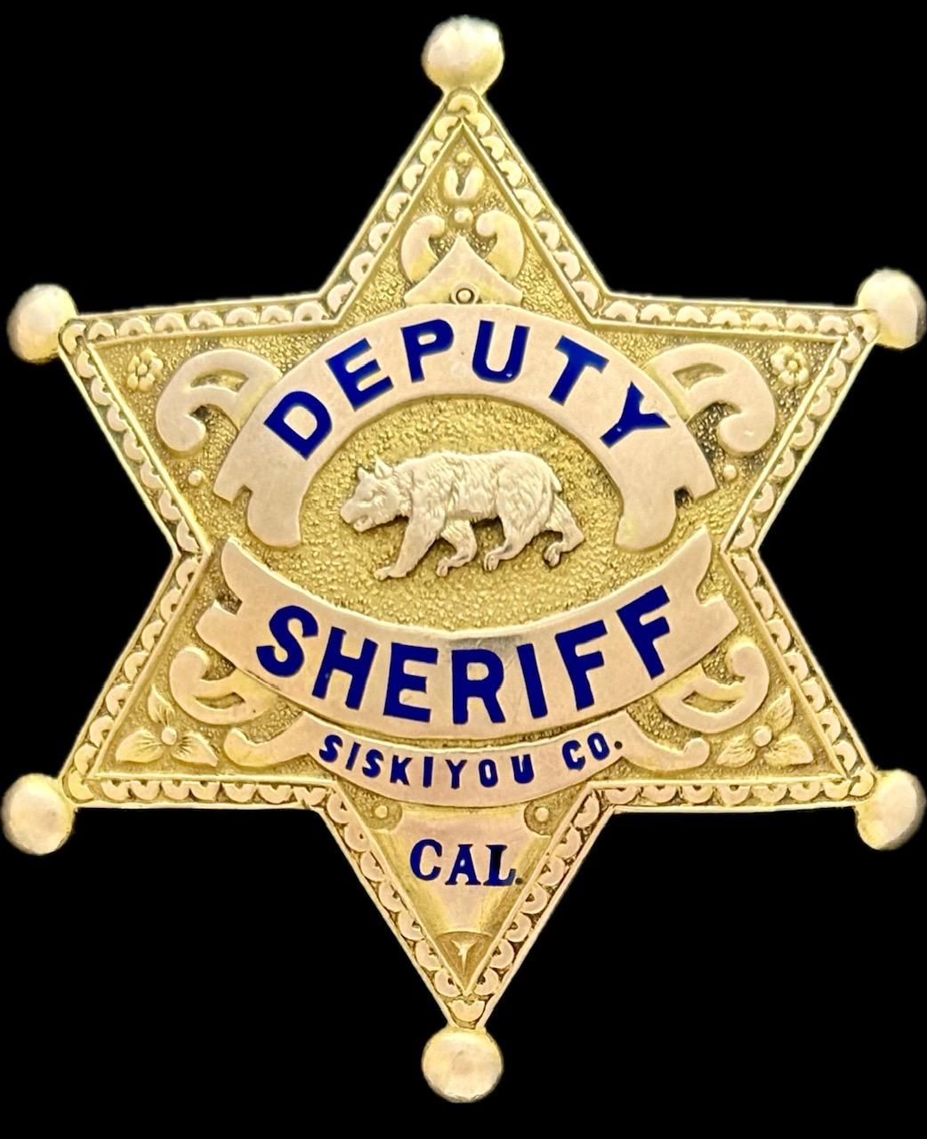 Siskiyou Co. Deputy Sheriff star of Thorne D. West, hallmarked Ed Jones & Co. Oakland, CAL Gold Front.
