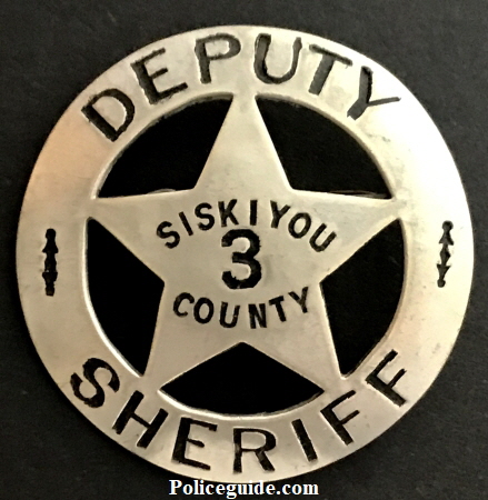 Siskiyou County Deputy Sheriff badge #3, made by Ed Jones & Co. Oakland, CAL, circa 1930.  