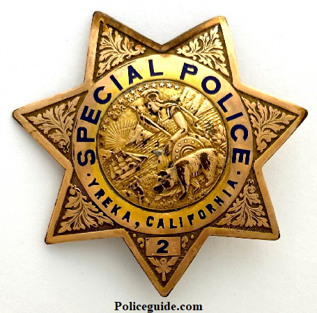 Yreka Special Police Badge No. 2 hallmarked Ed Jones & Co. Gold Front and having the name Roy Beal inscribed on back.