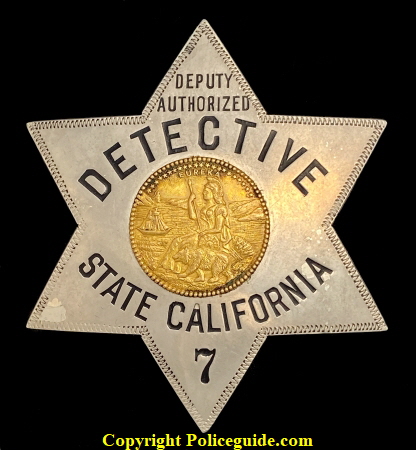 Deputy Authorized Detective State of California badge #7 is made by Irvine & Jachens 1027 Market St. S.F.  This hallmark was used from 1910-1925.