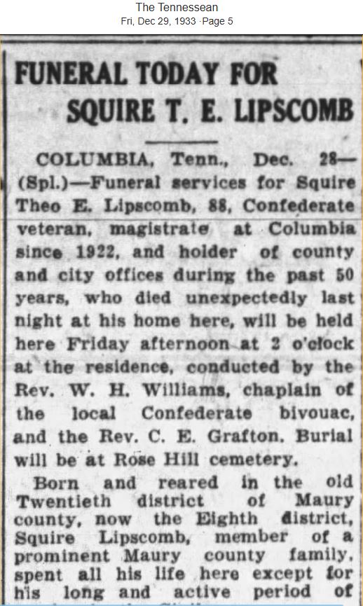 ObitThe Tennessean  Dec. 29, 1933 Lipscomb 1