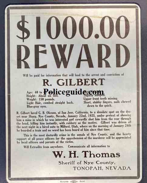$1000 Nye County Sheriff Reward Poster for the murder of G. B. Okeson  of San Jose naming R. Gilbert as the murderer.  A cowardly and dastardly crime.