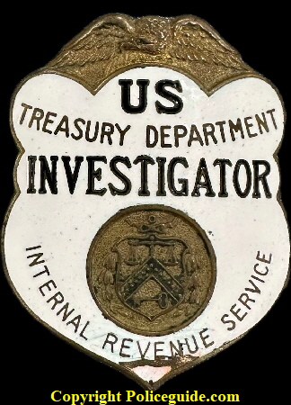 U S Treasury Department Investigator Internal Revenue Service.  Reverse white enamel earned this shield the Milk Badge.  In use from 1934-1951.