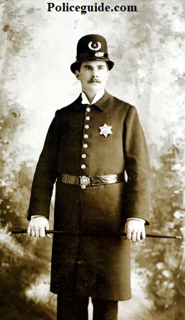 Vallejo Police officer R. T. Shay, circa 1900.  Photographer is Chas. McMillan Vallejo, Cal.