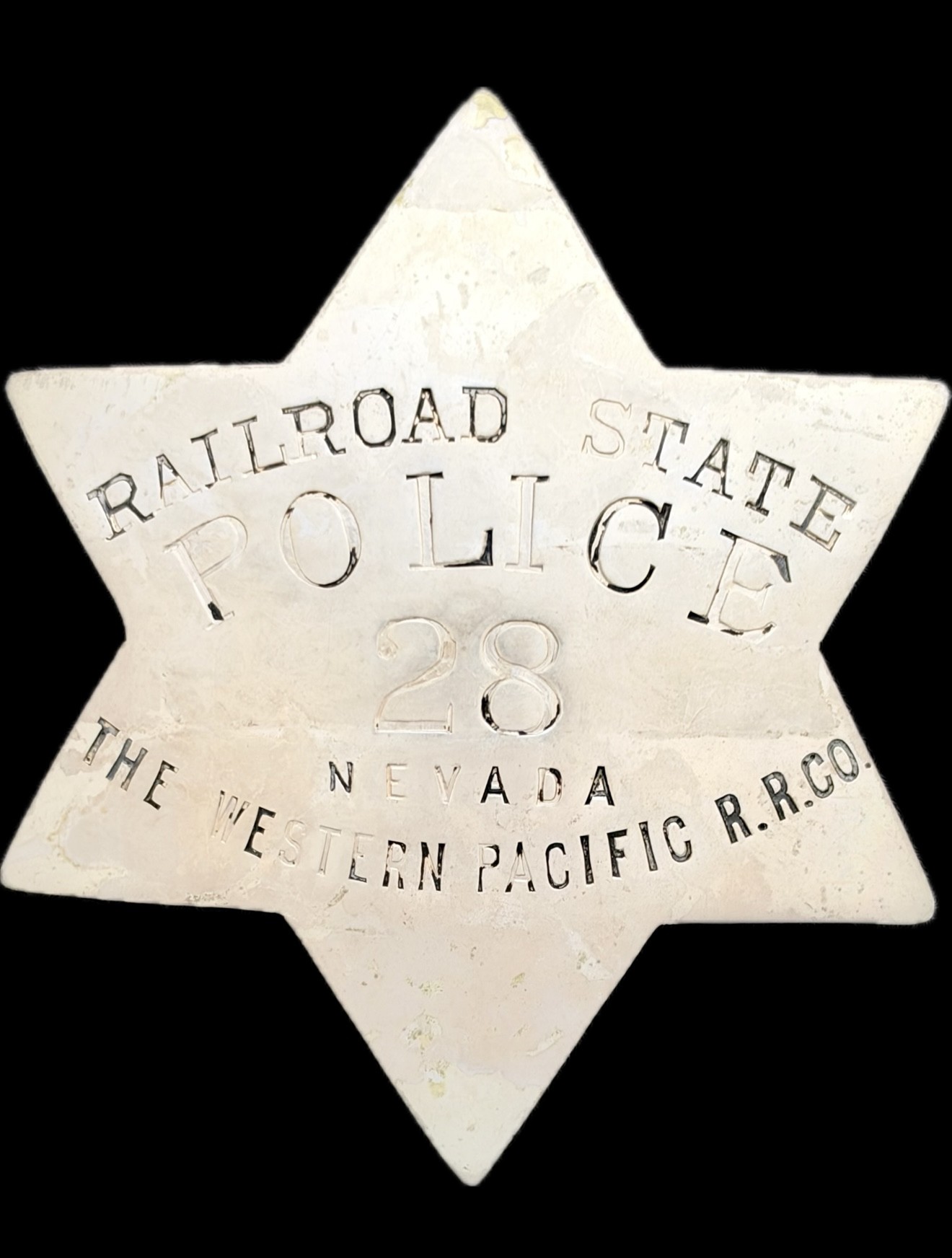 Railroad State Police 28 NEVADA The Western Pacific R.R. Co.  Made by Salt Lake Stamp.  
